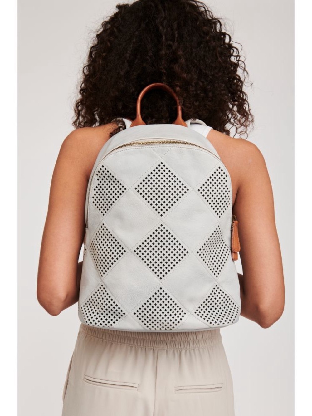 Moda Luxe Light Gray Perforated Diamond Backpack with Brown Trim